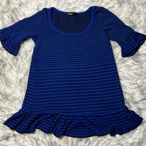Pixie Women Size Large Blue Striped Blouse Top Short Sleeve